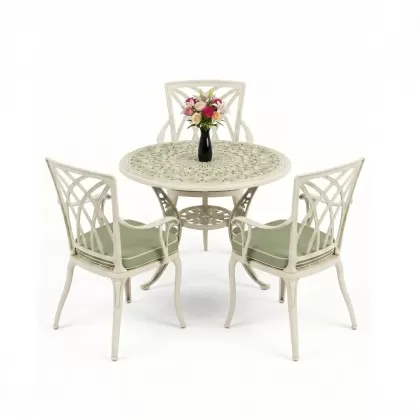 3 kişilik yuvarlak masa döküm alüminyum masa seti yeşil beyaz patina