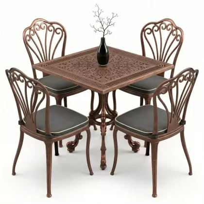 4 kişilik alüminyum döküm masa tavuskuşu figürlü kolsuz ferforje sandalye takımı bakır eskitme