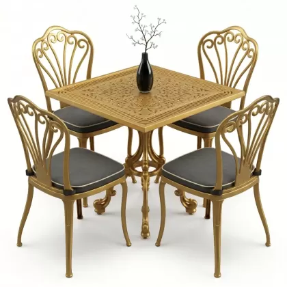 4 kişilik alüminyum döküm masa tavuskuşu figürlü kolsuz ferforje sandalye takımı altın gold