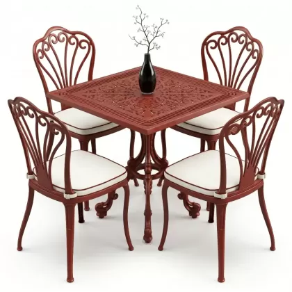 4 kişilik alüminyum döküm masa tavuskuşu figürlü kolsuz ferforje sandalye takımı kırmızı kiremit