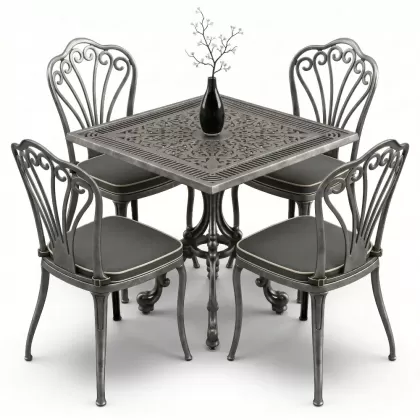 4 kişilik alüminyum döküm masa tavuskuşu figürlü kolsuz ferforje sandalye takımı gümüş silver