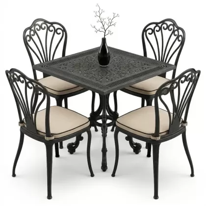 4 kişilik alüminyum döküm masa tavuskuşu figürlü kolsuz ferforje sandalye takımı siyah
