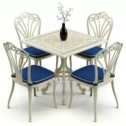 4 kişilik alüminyum döküm masa tavuskuşu figürlü kolsuz ferforje sandalye takımı beyaz