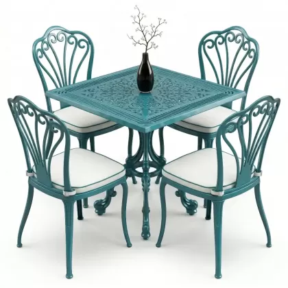 4 kişilik alüminyum döküm masa tavuskuşu figürlü kolsuz ferforje sandalye takımı turkuaz