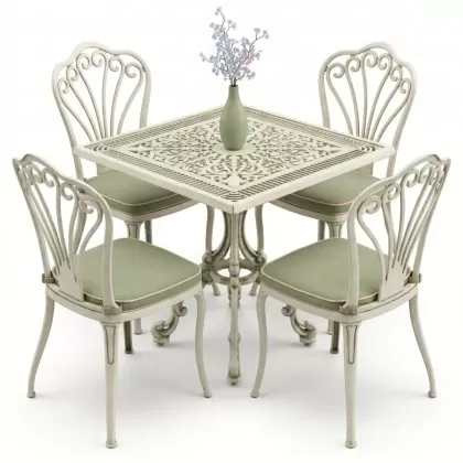 4 kişilik alüminyum döküm masa tavuskuşu figürlü kolsuz ferforje sandalye takımı yeşil beyaz patina