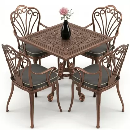 Kollu 4 kişilik tavuskuşu motifli ferforje sandalye alüminyum döküm kare masa takımı bakır eskitme