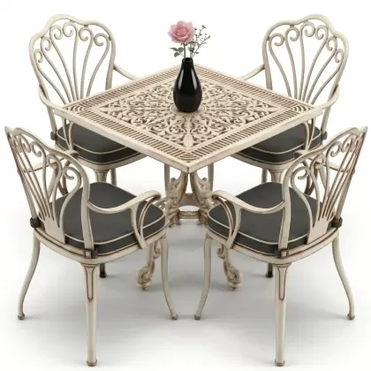 Kollu 4 kişilik tavuskuşu motifli ferforje sandalye alüminyum döküm kare masa takımı beyaz eskitme