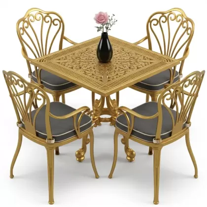 Kollu 4 kişilik tavuskuşu motifli ferforje sandalye alüminyum döküm kare masa takımı gold altın