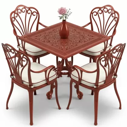 Kollu 4 kişilik tavuskuşu motifli ferforje sandalye alüminyum döküm kare masa takımı kırmızı kiremit
