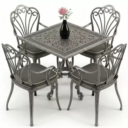 Kollu 4 kişilik tavuskuşu motifli ferforje sandalye alüminyum döküm kare masa takımı silver gümüş