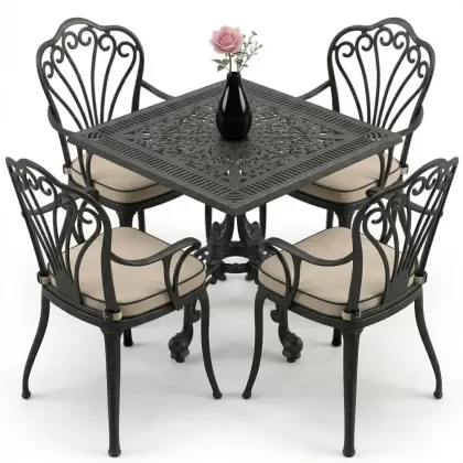 Kollu 4 kişilik tavuskuşu motifli ferforje sandalye alüminyum döküm kare masa takımı siyah