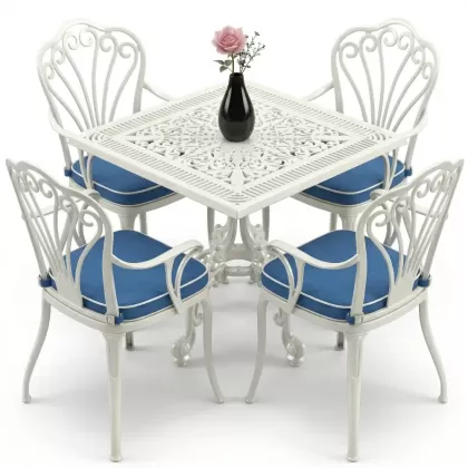 Kollu 4 kişilik tavuskuşu motifli ferforje sandalye alüminyum döküm kare masa takımı beyaz
