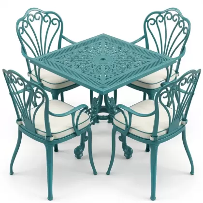 Kollu 4 kişilik tavuskuşu motifli ferforje sandalye alüminyum döküm kare masa takımı turkuaz