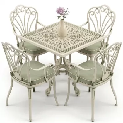 Kollu 4 kişilik tavuskuşu motifli ferforje sandalye alüminyum döküm kare masa takımı yeşil beyaz patina