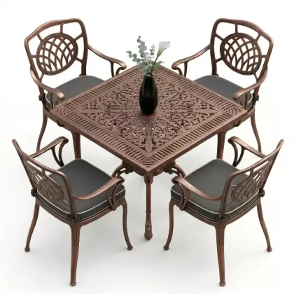 75x75 kare alüminyum döküm masa ferforje 4 sandalye takımı bakır eskitme