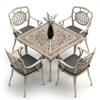 75x75 kare alüminyum döküm masa ferforje 4 sandalye takımı beyaz eskitme