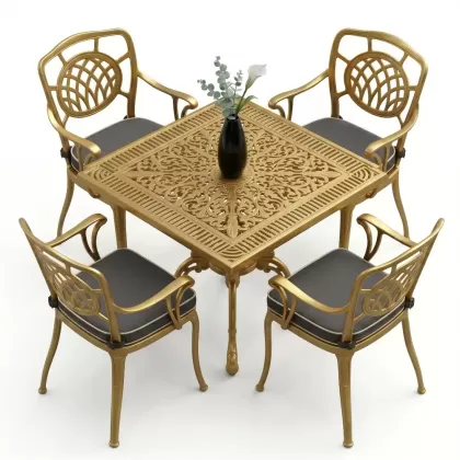 75x75 kare alüminyum döküm masa ferforje 4 sandalye takımı gold altın