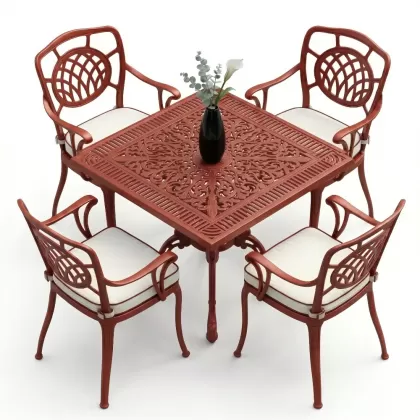 75x75 kare alüminyum döküm masa ferforje 4 sandalye takımı kırmızı kiremit