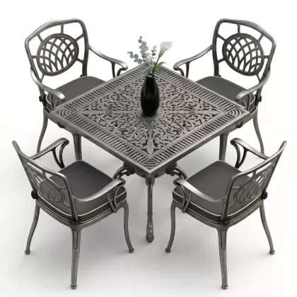 75x75 kare alüminyum döküm masa ferforje 4 sandalye takımı silver gümüş