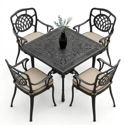 75x75 kare alüminyum döküm masa ferforje 4 sandalye takımı siyah