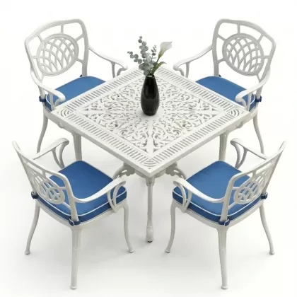 75x75 kare alüminyum döküm masa ferforje 4 sandalye takımı beyaz