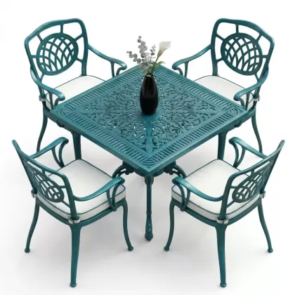 75x75 kare alüminyum döküm masa ferforje 4 sandalye takımı turkuaz