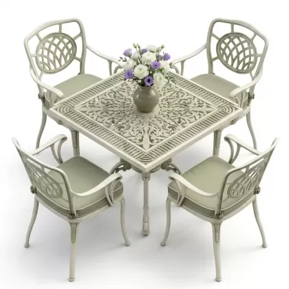 75x75 kare alüminyum döküm masa ferforje 4 sandalye takımı yeşil beyaz eskitme
