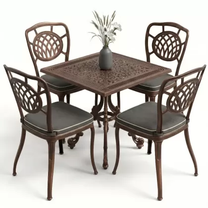 4 kişilik kare masa alüminyum döküm sandalye seti bakır eskitme