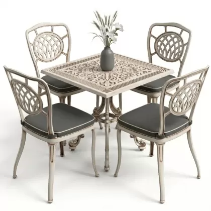 4 kişilik kare masa alüminyum döküm sandalye seti beyaz eskitme