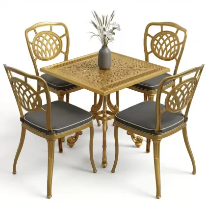 4 kişilik kare masa alüminyum döküm sandalye seti gold altın