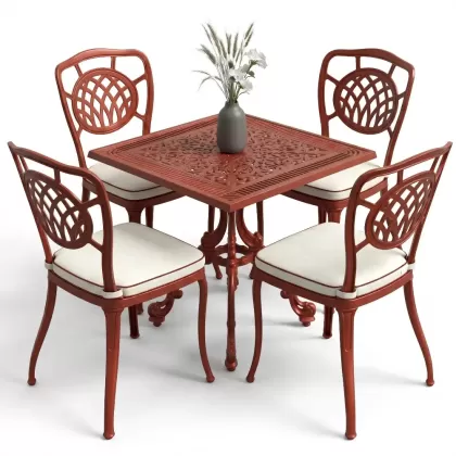 4 kişilik kare masa alüminyum döküm sandalye seti kiremit kırmızı