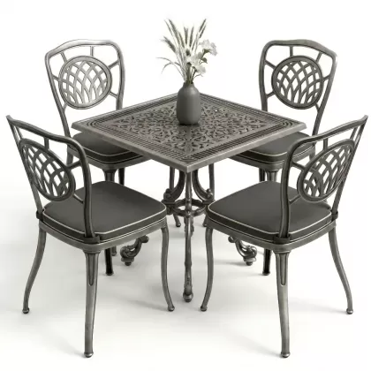 4 kişilik kare masa alüminyum döküm sandalye seti silver gümüş