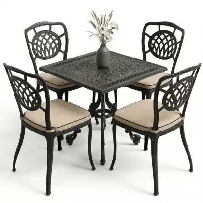4 kişilik kare masa alüminyum döküm sandalye seti siyah