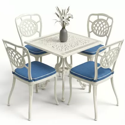 4 kişilik kare masa alüminyum döküm sandalye seti beyaz