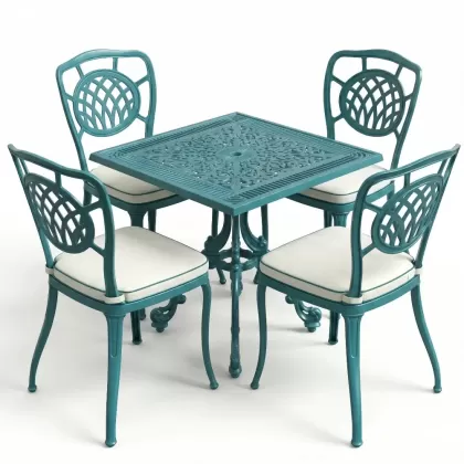 4 kişilik kare masa alüminyum döküm sandalye seti turkuaz