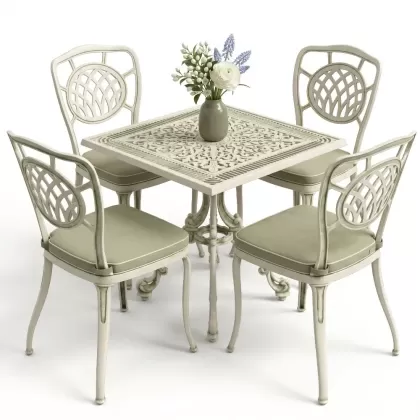 4 kişilik kare masa alüminyum döküm sandalye seti beyaz yeşil patina