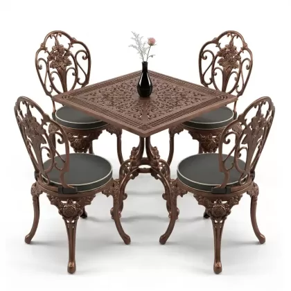 Kare Masa E:75 x D:75 x Y: 72 cm 4 Kişilik alüminyum döküm masa ve sandalye takımı kolsuz gül motifli bakır eskitme