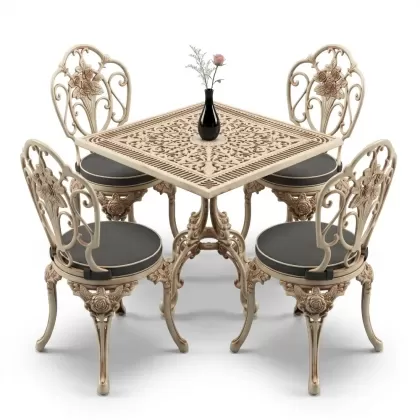 Kare Masa E:75 x D:75 x Y: 72 cm 4 Kişilik alüminyum döküm masa ve sandalye takımı kolsuz gül motifli beyaz eskitme