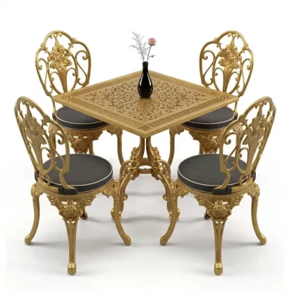 Kare Masa E:75 x D:75 x Y: 72 cm 4 Kişilik alüminyum döküm masa ve sandalye takımı kolsuz gül motifli altın gold