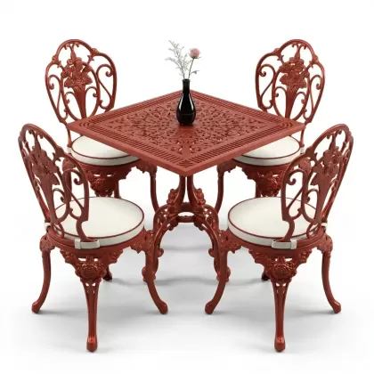Kare Masa E:75 x D:75 x Y: 72 cm 4 Kişilik alüminyum döküm masa ve sandalye takımı kolsuz gül motifli kiremit kırmızı