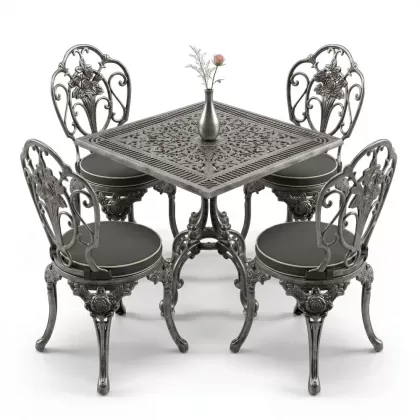 Kare Masa E:75 x D:75 x Y: 72 cm 4 Kişilik alüminyum döküm masa ve sandalye takımı kolsuz gül motifli silver gümüş