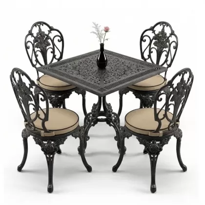 Kare Masa E:75 x D:75 x Y: 72 cm 4 Kişilik alüminyum döküm masa ve sandalye takımı kolsuz gül motifli siyah