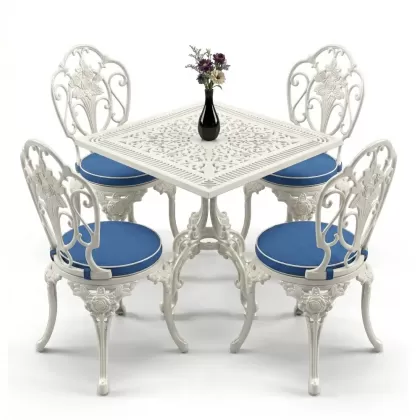 Kare Masa E:75 x D:75 x Y: 72 cm 4 Kişilik alüminyum döküm masa ve sandalye takımı kolsuz gül motifli beyaz