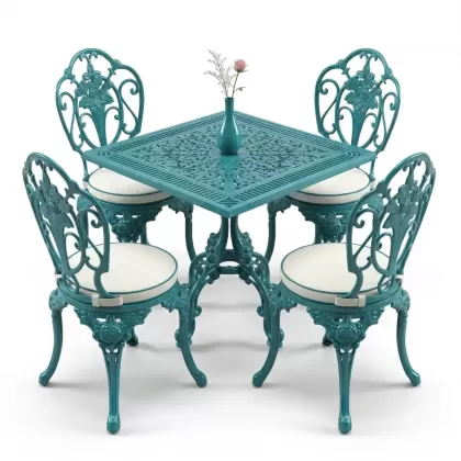 Kare Masa E:75 x D:75 x Y: 72 cm 4 Kişilik alüminyum döküm masa ve sandalye takımı kolsuz gül motifli turkuaz