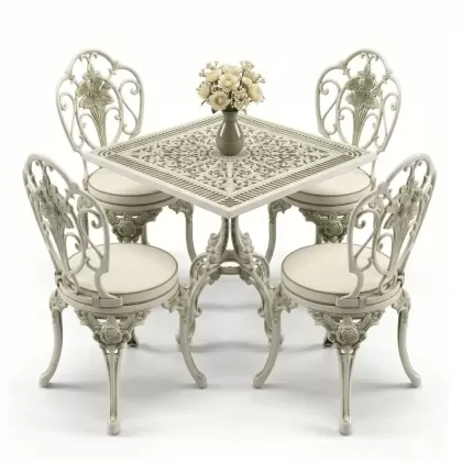 Kare Masa E:75 x D:75 x Y: 72 cm 4 Kişilik alüminyum döküm masa ve sandalye takımı kolsuz gül motifli yeşil beyaz patina