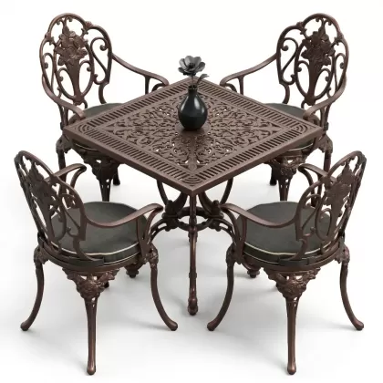 Kare Masa E:75 x D:75 x Y: 72 cm 4 Kişilik alüminyum döküm masa ve sandalye takımı bakır eskitme