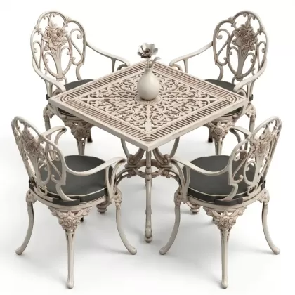 Kare Masa E:75 x D:75 x Y: 72 cm 4 Kişilik alüminyum döküm masa ve sandalye takımı beyaz eskitme