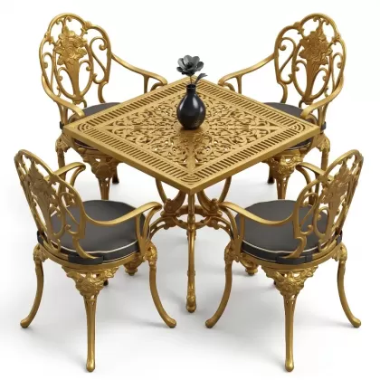 Kare Masa E:75 x D:75 x Y: 72 cm 4 Kişilik alüminyum döküm masa ve sandalye takımı gold altın