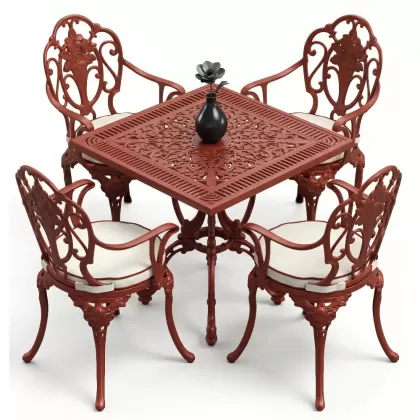 Kare Masa E:75 x D:75 x Y: 72 cm 4 Kişilik alüminyum döküm masa ve sandalye takımı kırmızı kiremit