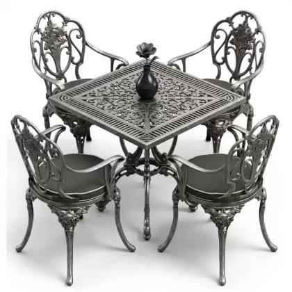 Kare Masa E:75 x D:75 x Y: 72 cm 4 Kişilik alüminyum döküm masa ve sandalye takımı silver gümüş